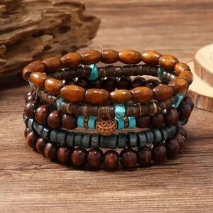 Brown and Turquoise Beaded Bracelet Set